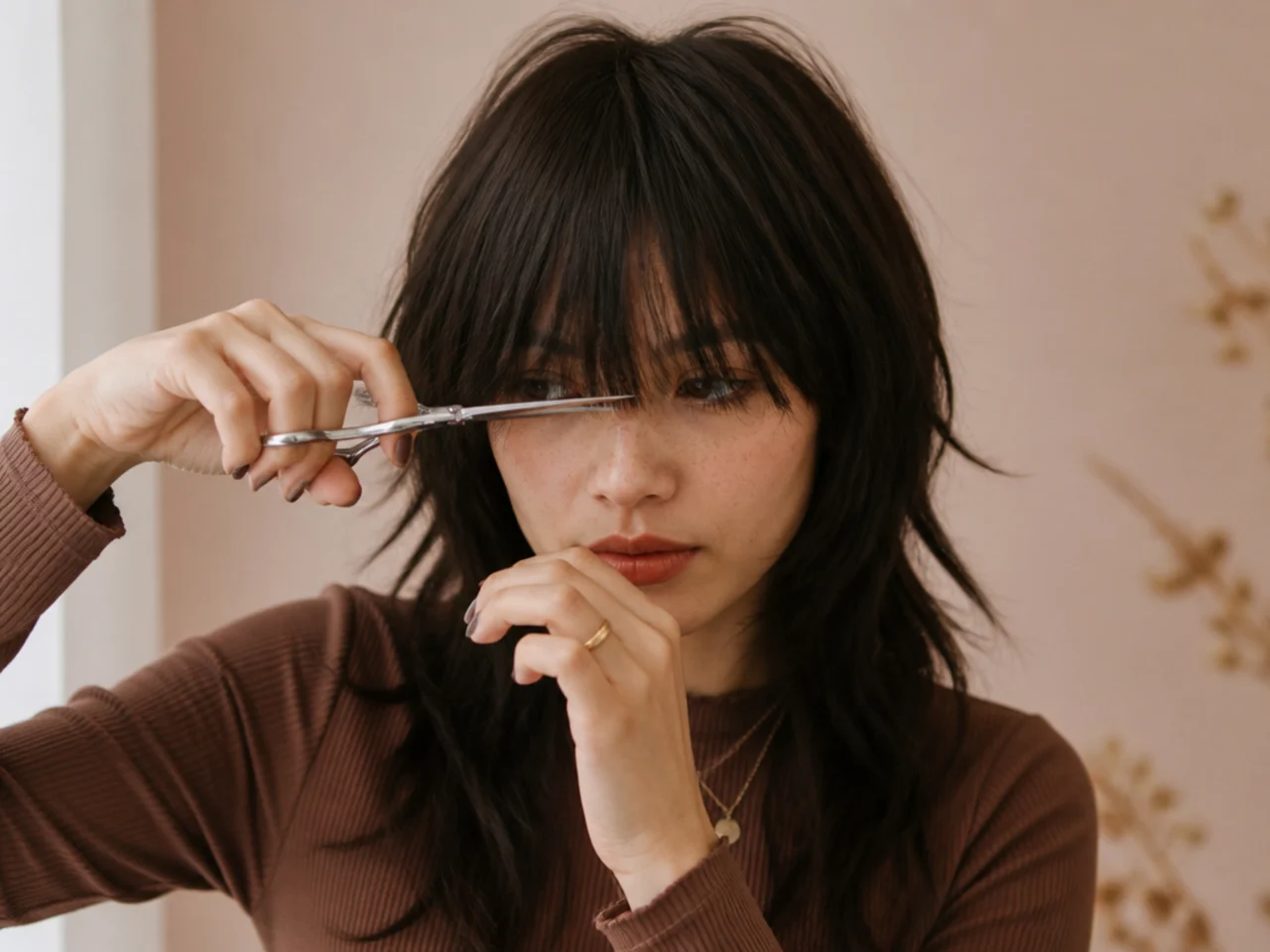 A fringe being trimmed slightly below the intended line