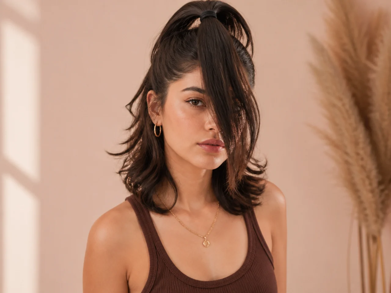 Hair gathered forward into a high ponytail before cutting
