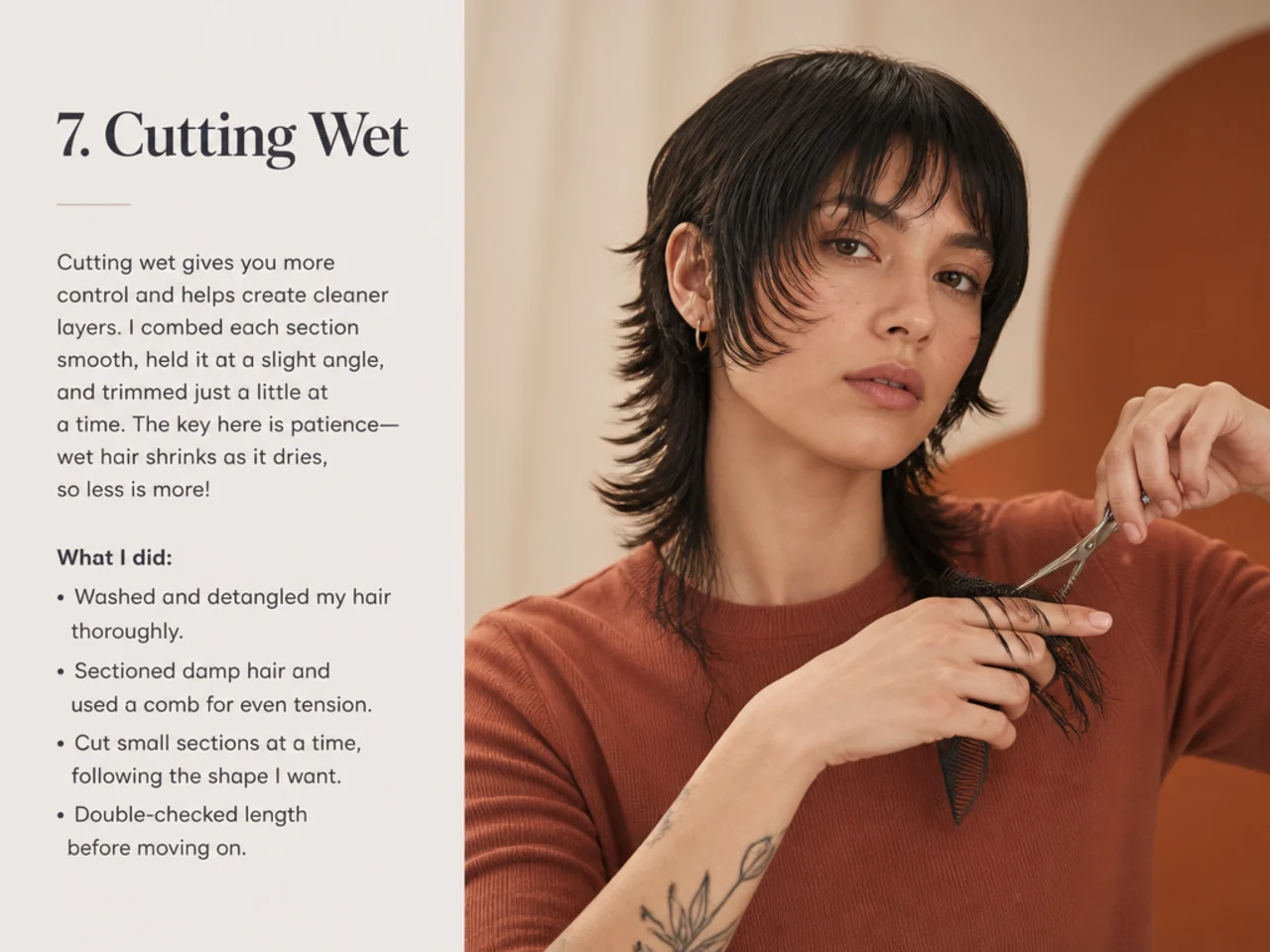 Wet hair being cut with a comb and scissors