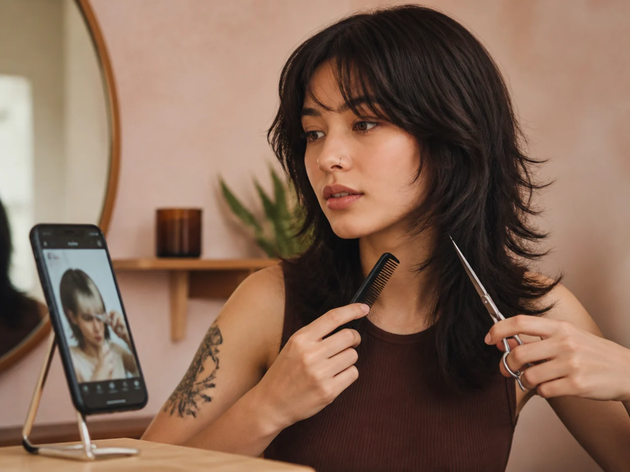 A phone propped up playing a haircut tutorial
