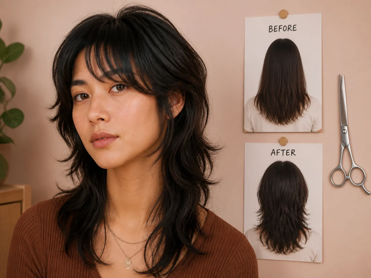 Before and after photographs pinned up beside hair scissors