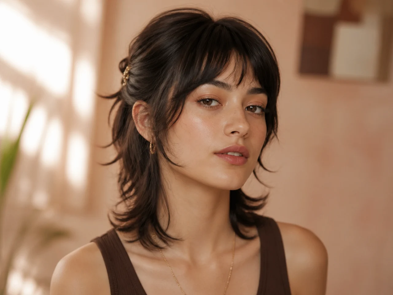 Wolf cut bangs twisted back and pinned