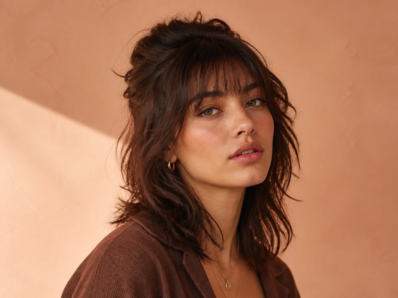 Wolf cut with bangs worn out and the rest half up