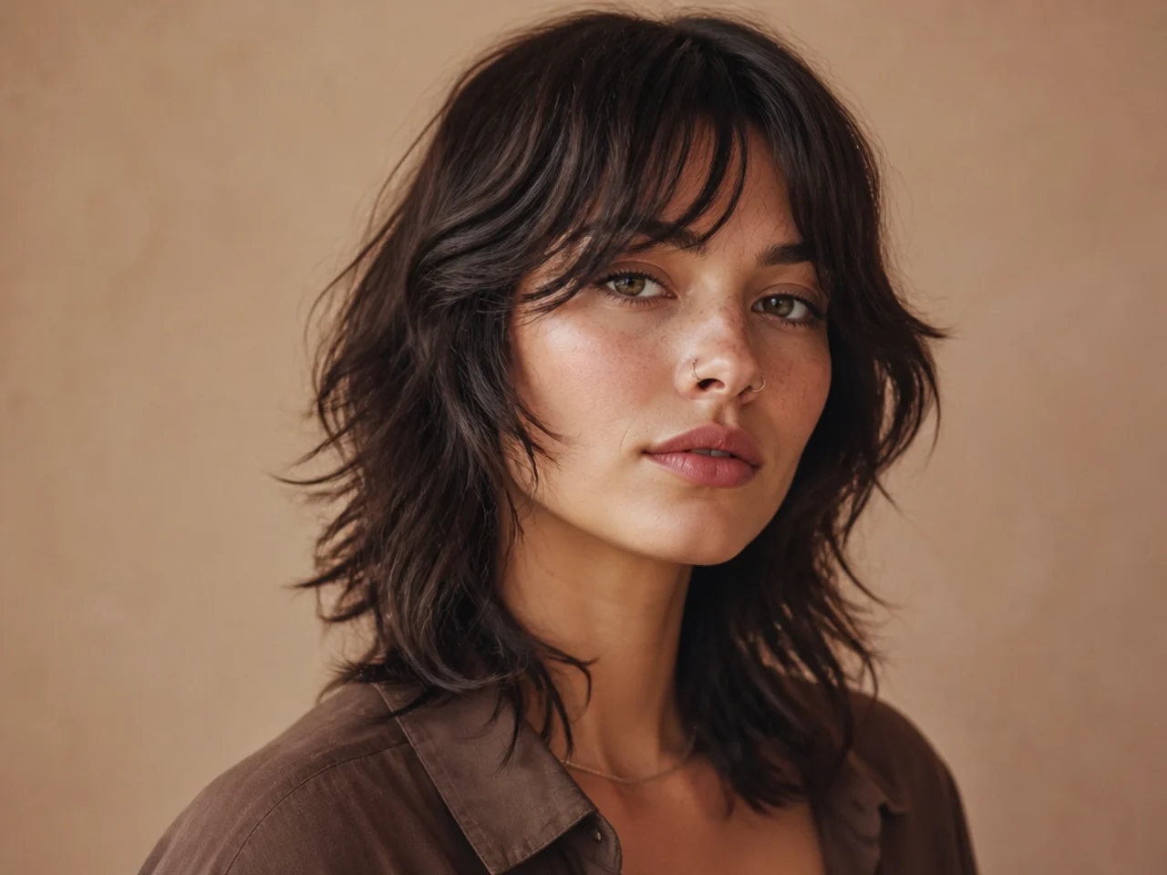 Grown-out bangs blended into the face-framing layers
