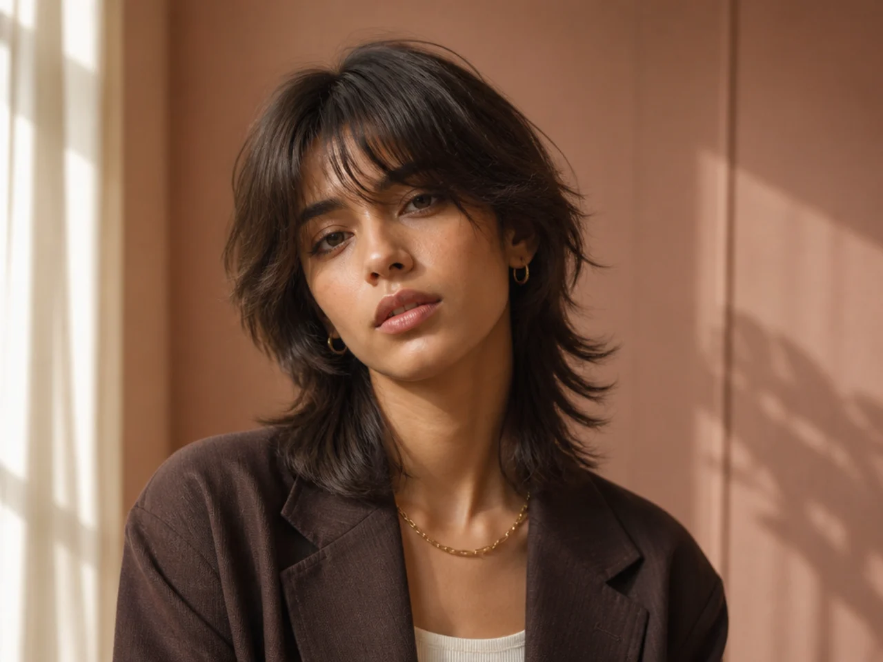 Wolf cut bangs parted off-centre