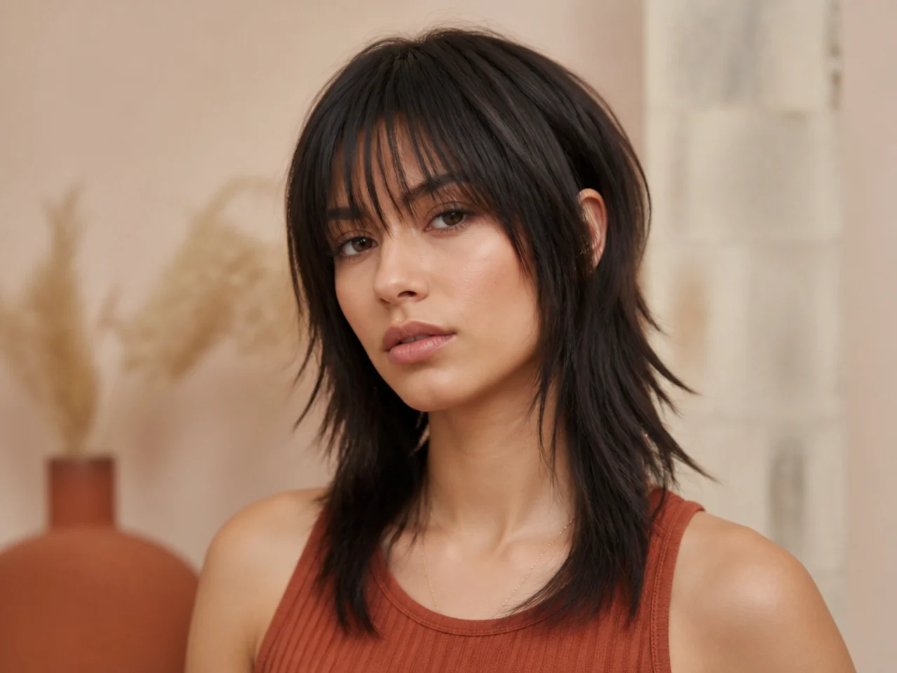 Wolf cut bangs brushed straight down
