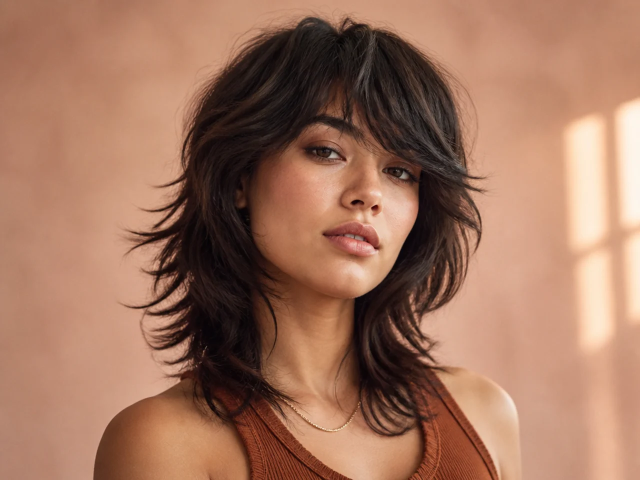 Wolf cut bangs swept to one side