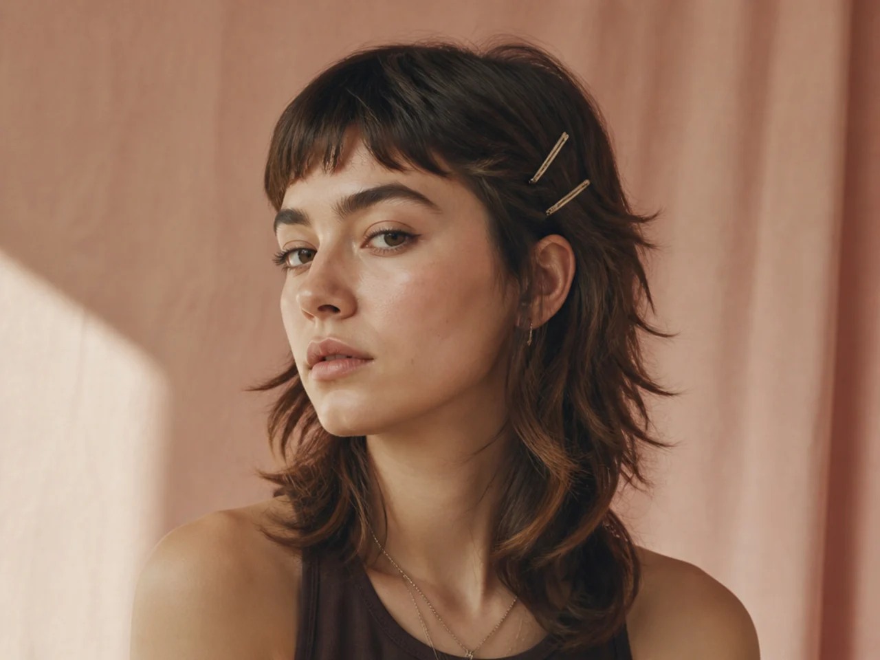 Wolf cut bangs pinned back with two angled pins