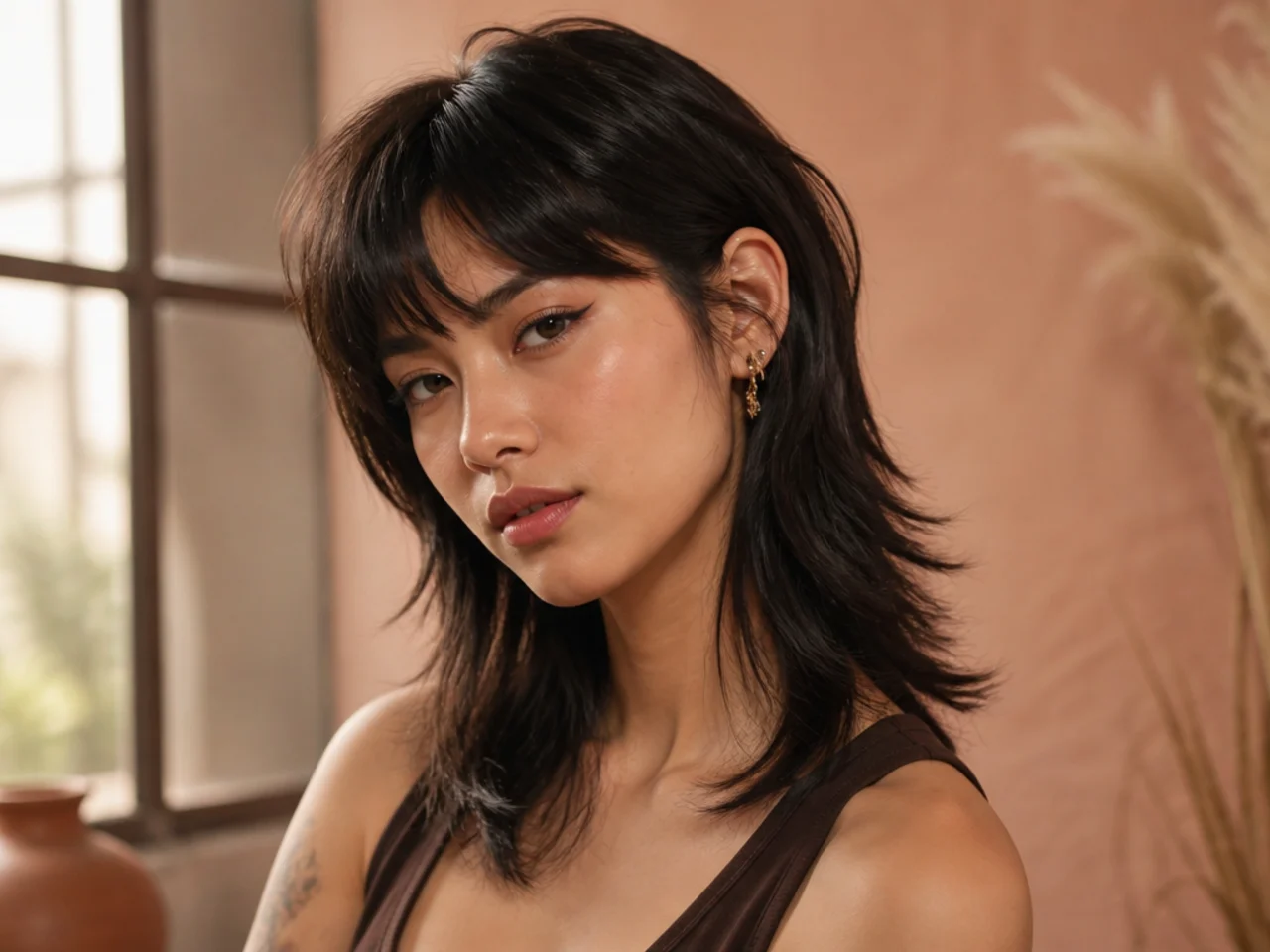 Wolf cut bangs tucked behind one ear