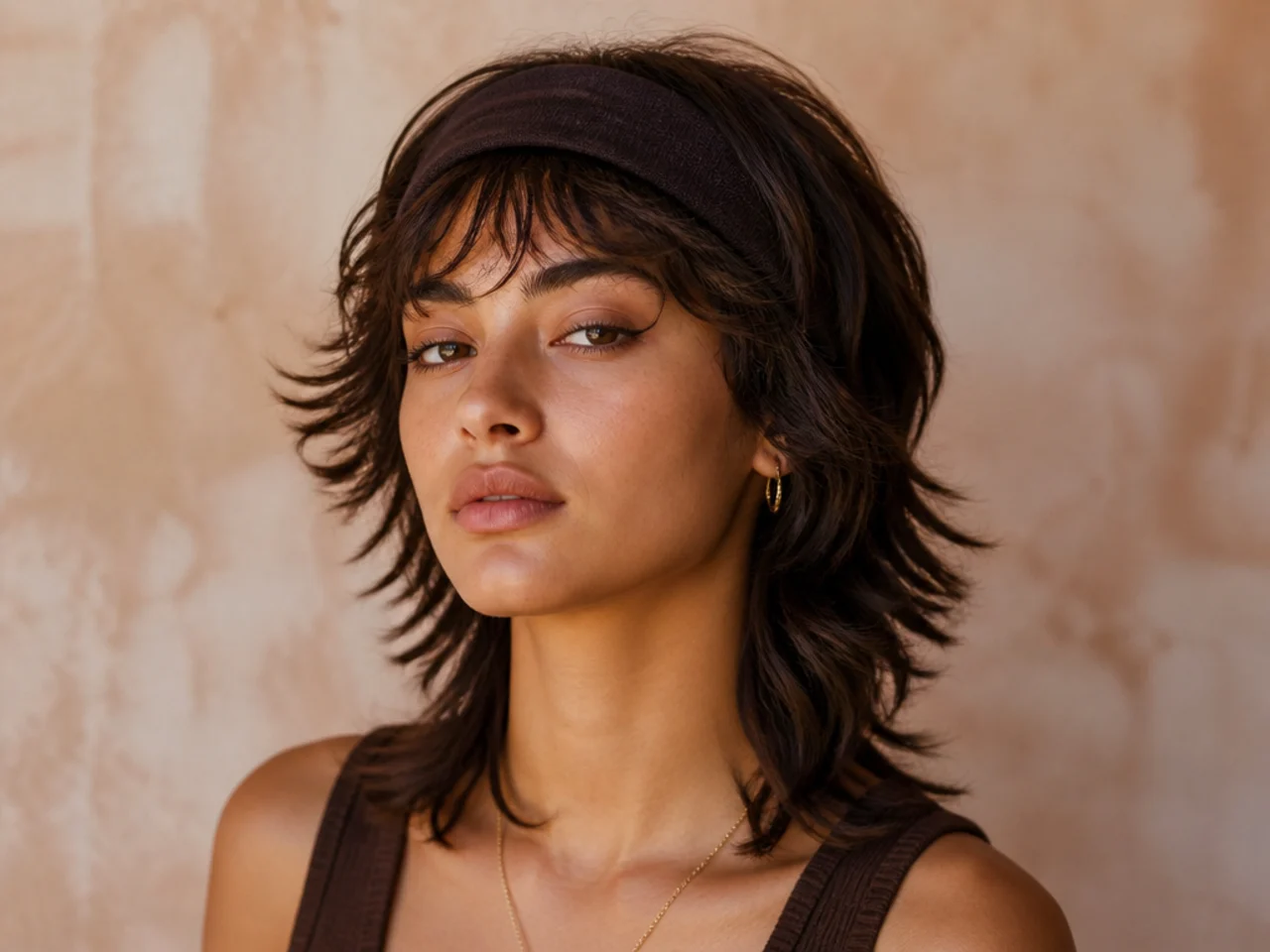 Wolf cut bangs pushed back with a headband