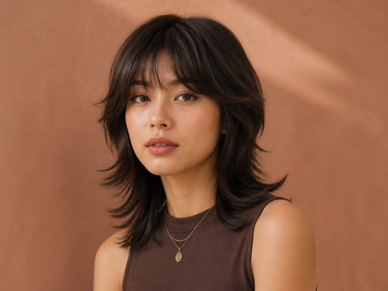 Wolf cut bangs round-brushed into an outward flick