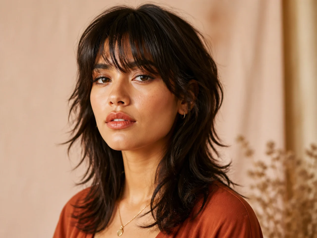 Three-quarter view of well-styled wolf cut bangs