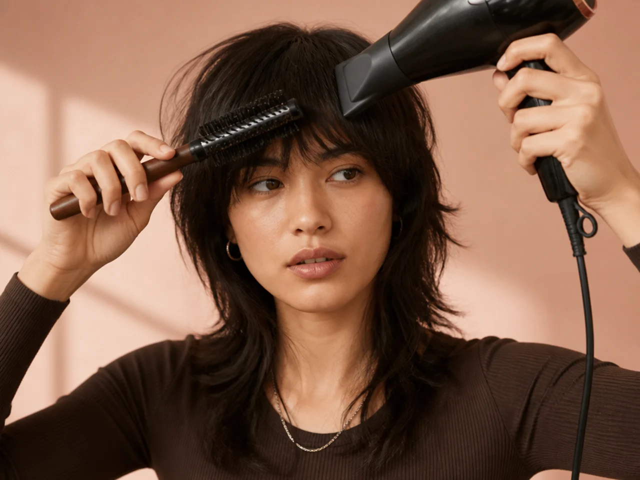 A fringe being brushed side to side while blow-drying
