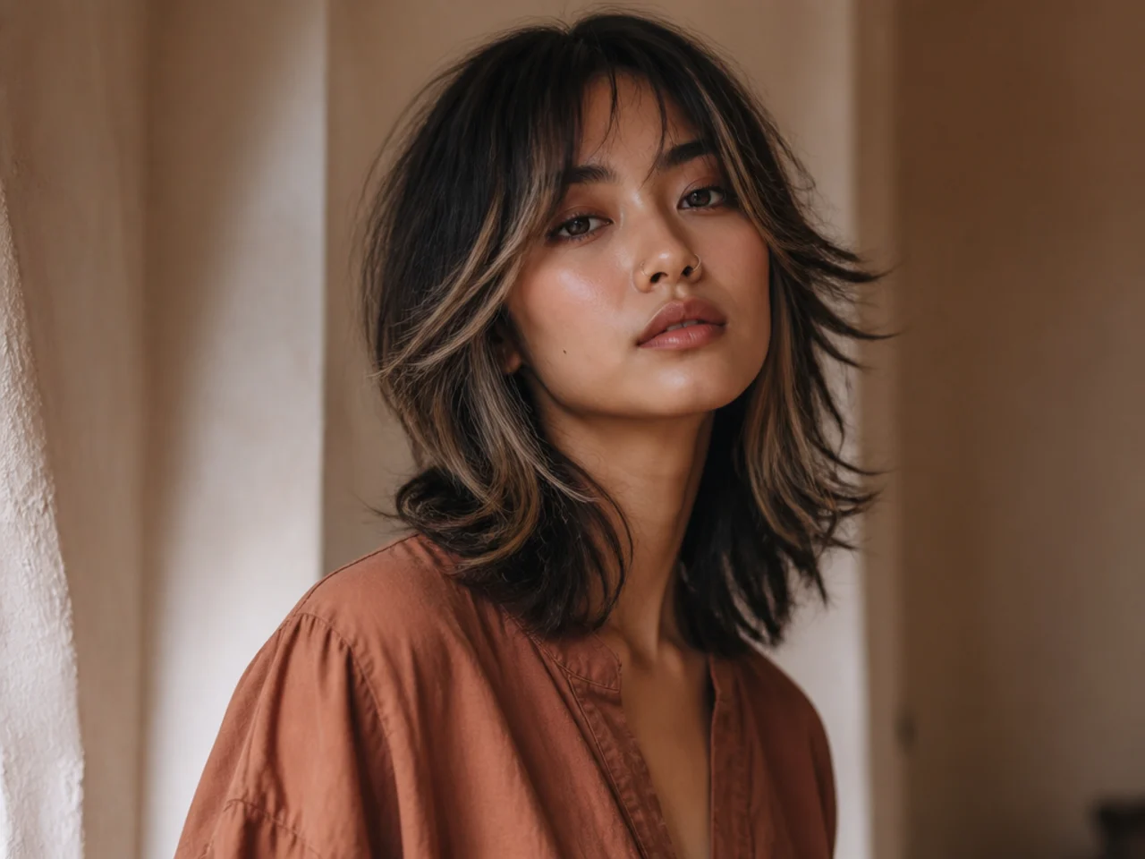Wolf cut with face-framing highlights on the shortest layers