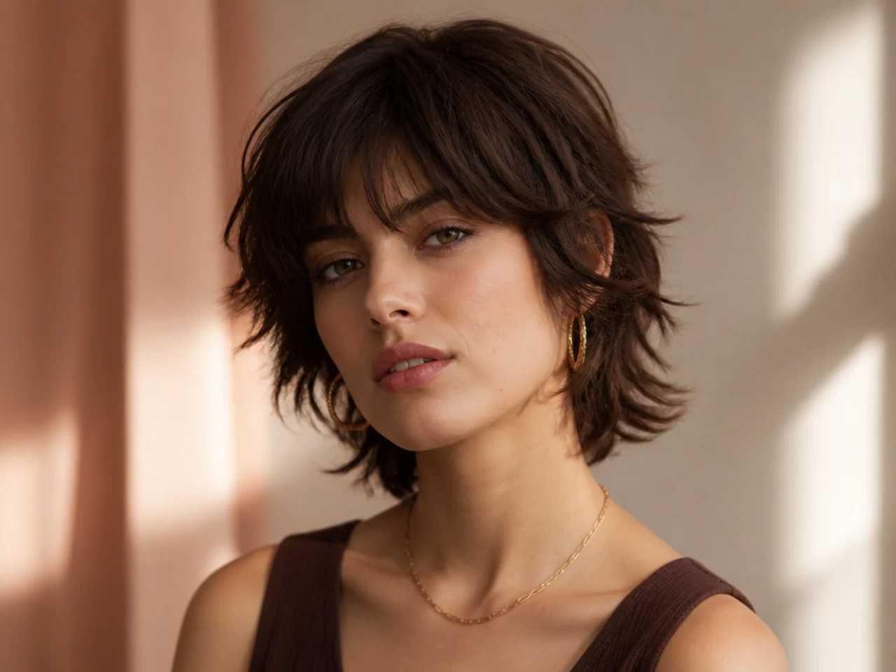 Short wolf cut at jaw length with heavy layering