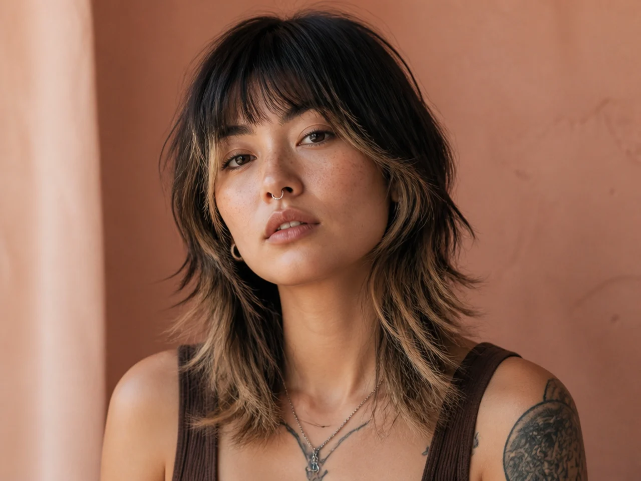 Wolf cut with dark roots and lighter ends emphasising the layers