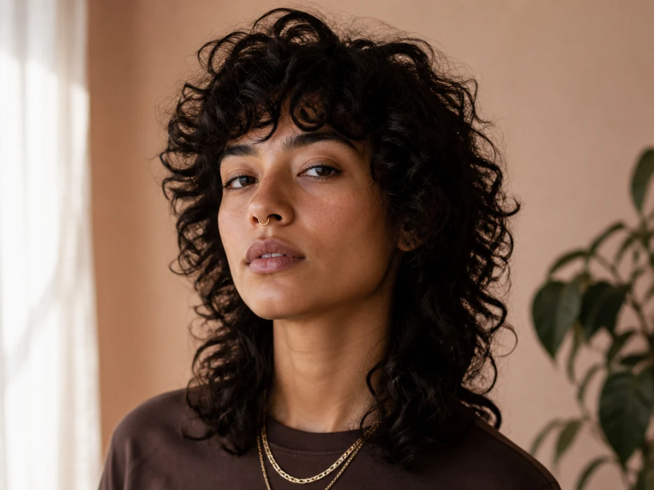 Curly wolf cut with defined layers through the curl pattern