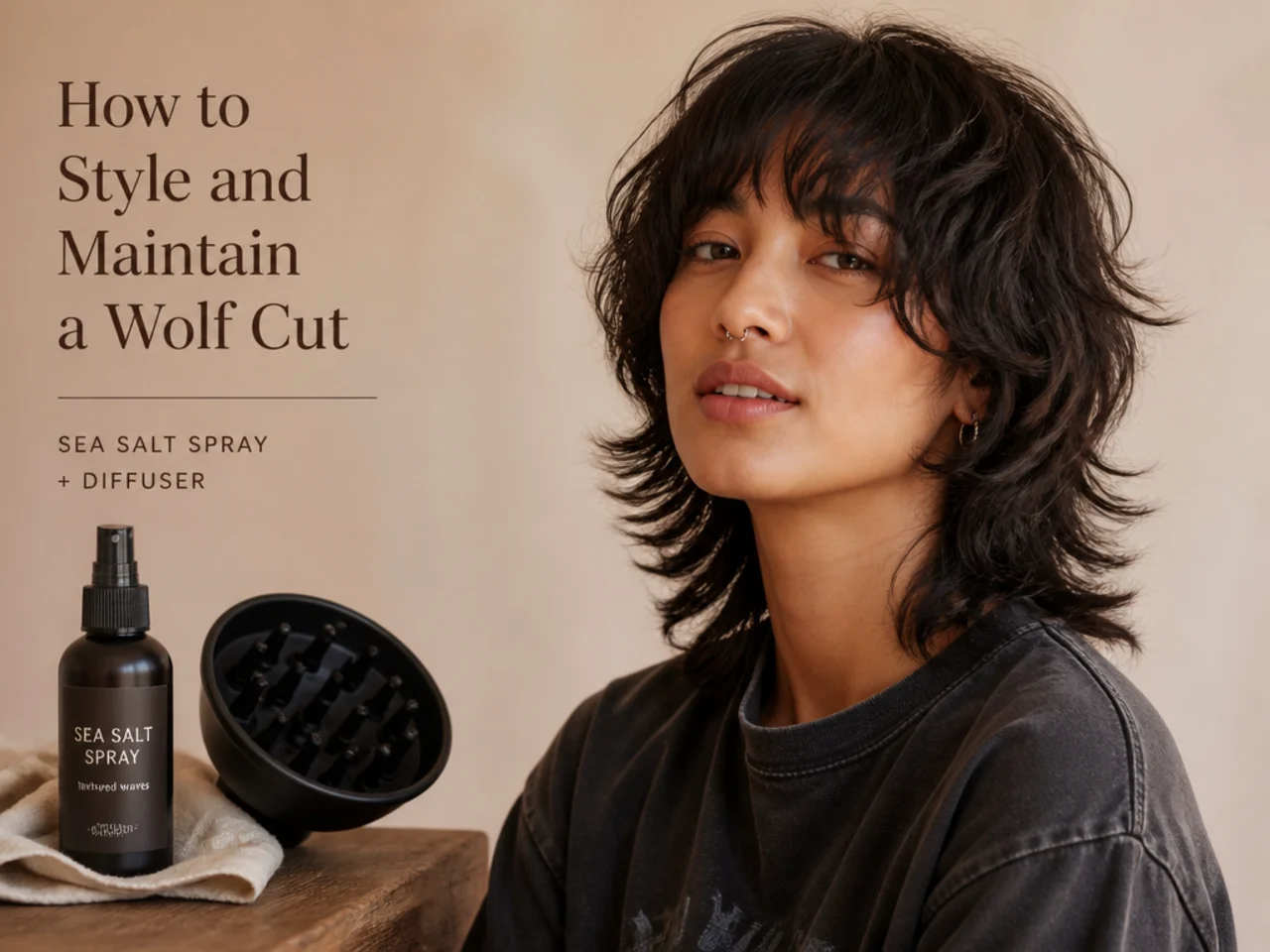 Sea salt spray and a diffuser laid out for wolf cut styling