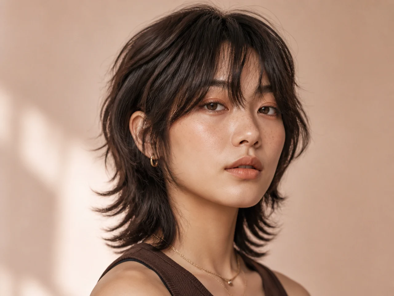 Close-up showing the layered crown and short face-framing pieces that define a wolf cut