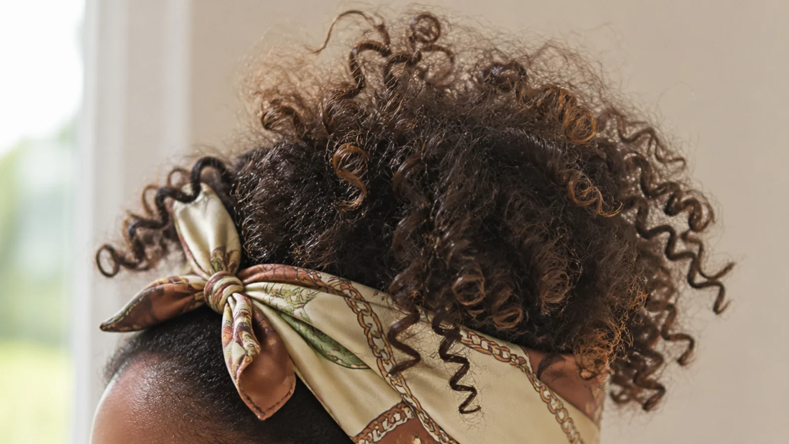 A patterned silk scarf tied across the hairline over loose curls