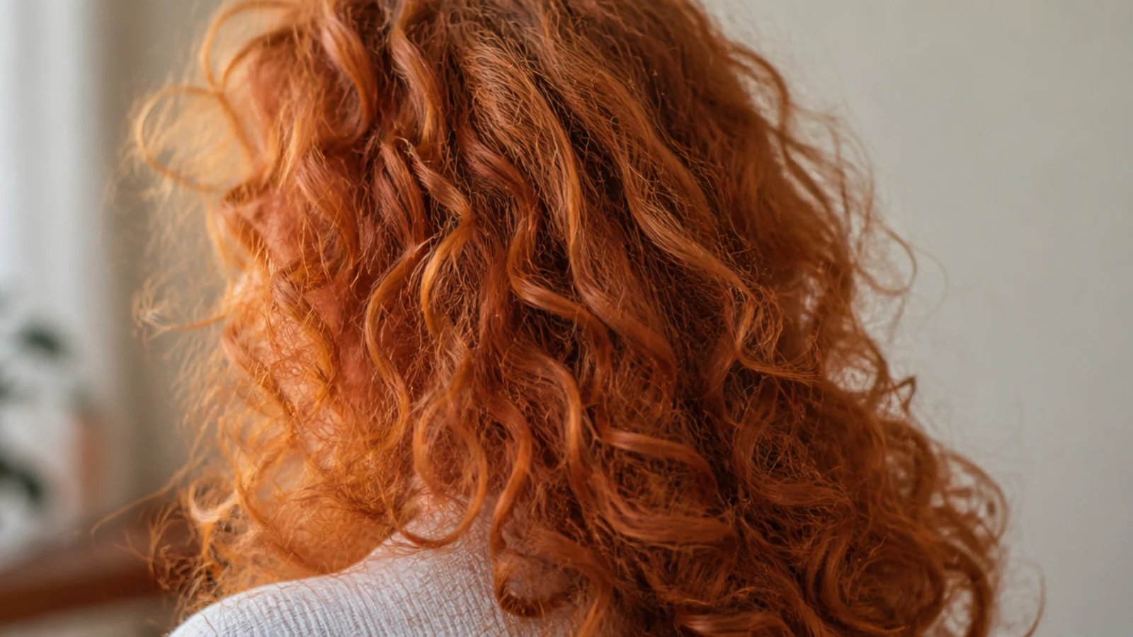 Coppery curls glowing in warm indoor light