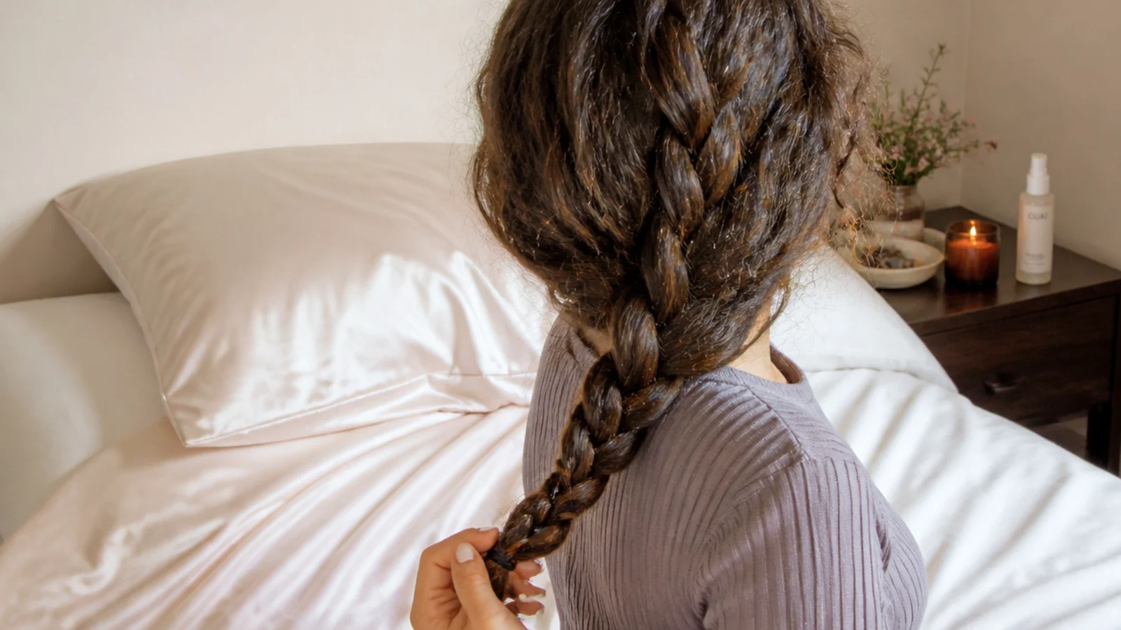 Curls gathered loosely on top of the head beside a satin pillowcase