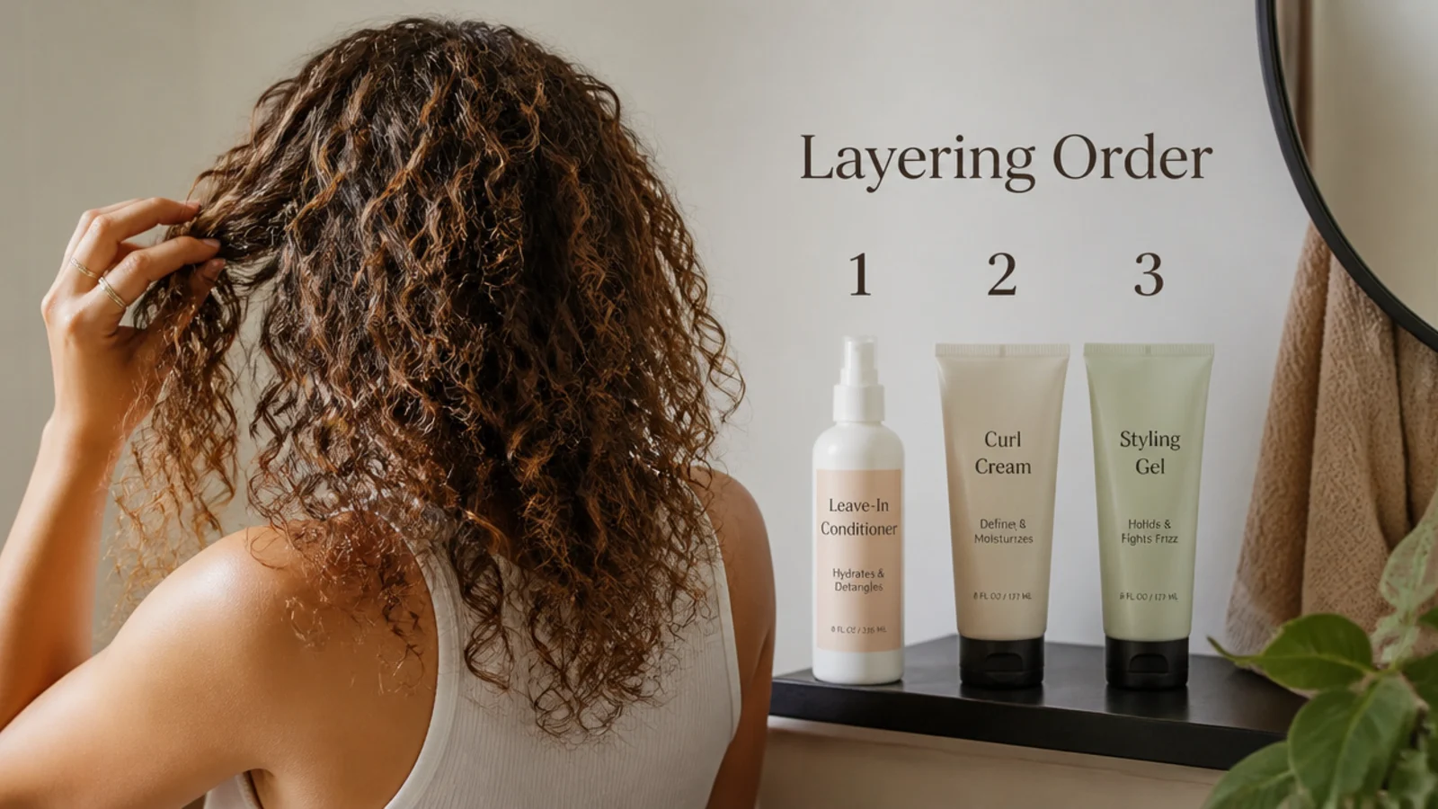 Three products lined up beside a section of wet curls