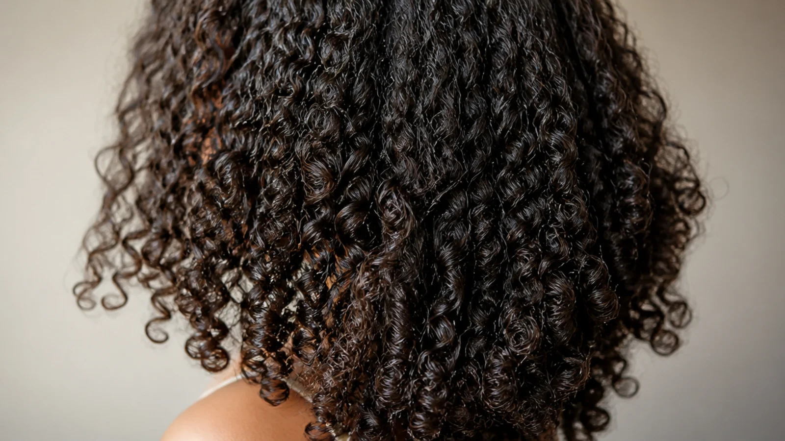 Springy shoulder length ringlets worn loose with no parting