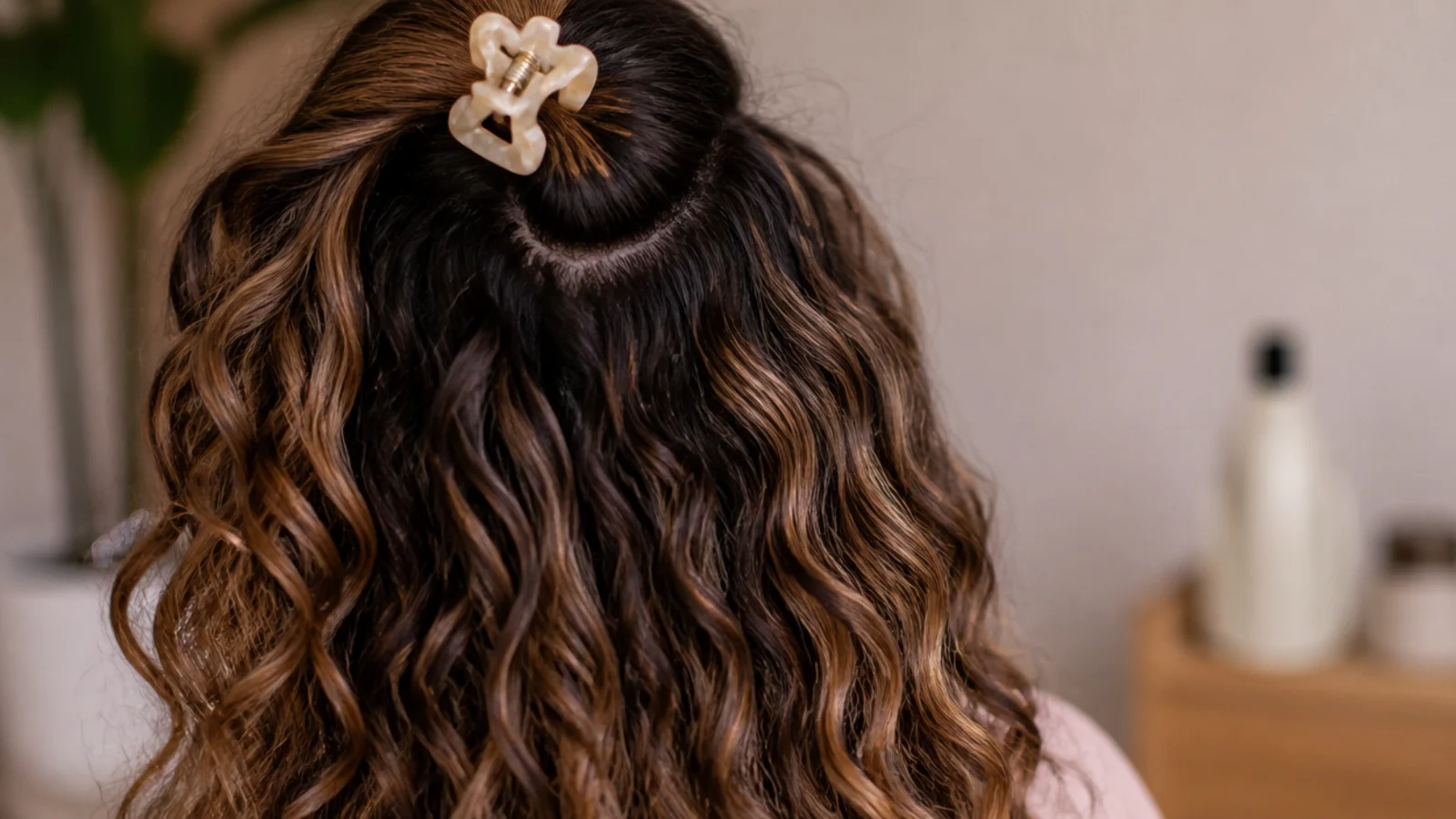 Small metal clips propping up sections of hair at the roots during drying