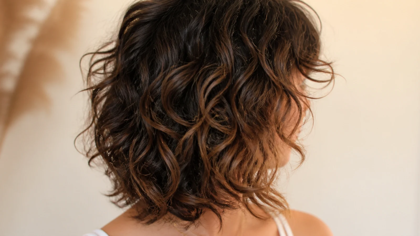 A layered curly shag with soft curtain bangs framing the face