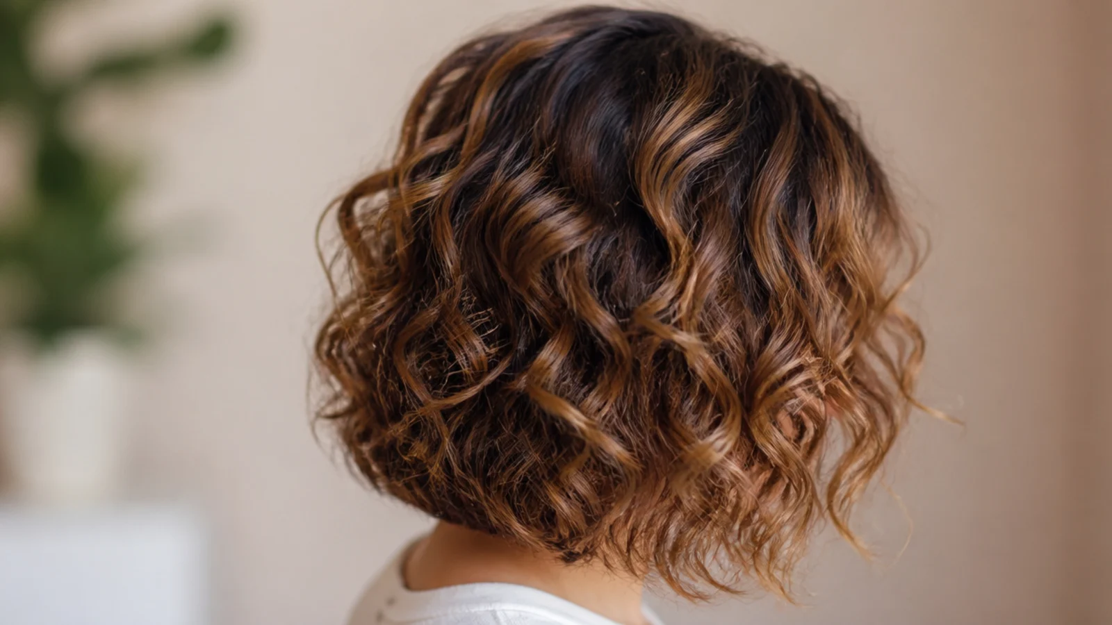 A collarbone length curly lob worn with a deep side parting