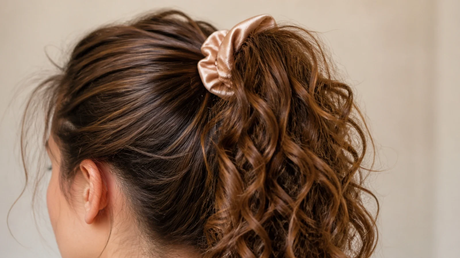 Curls gathered into a high ponytail with the length falling free