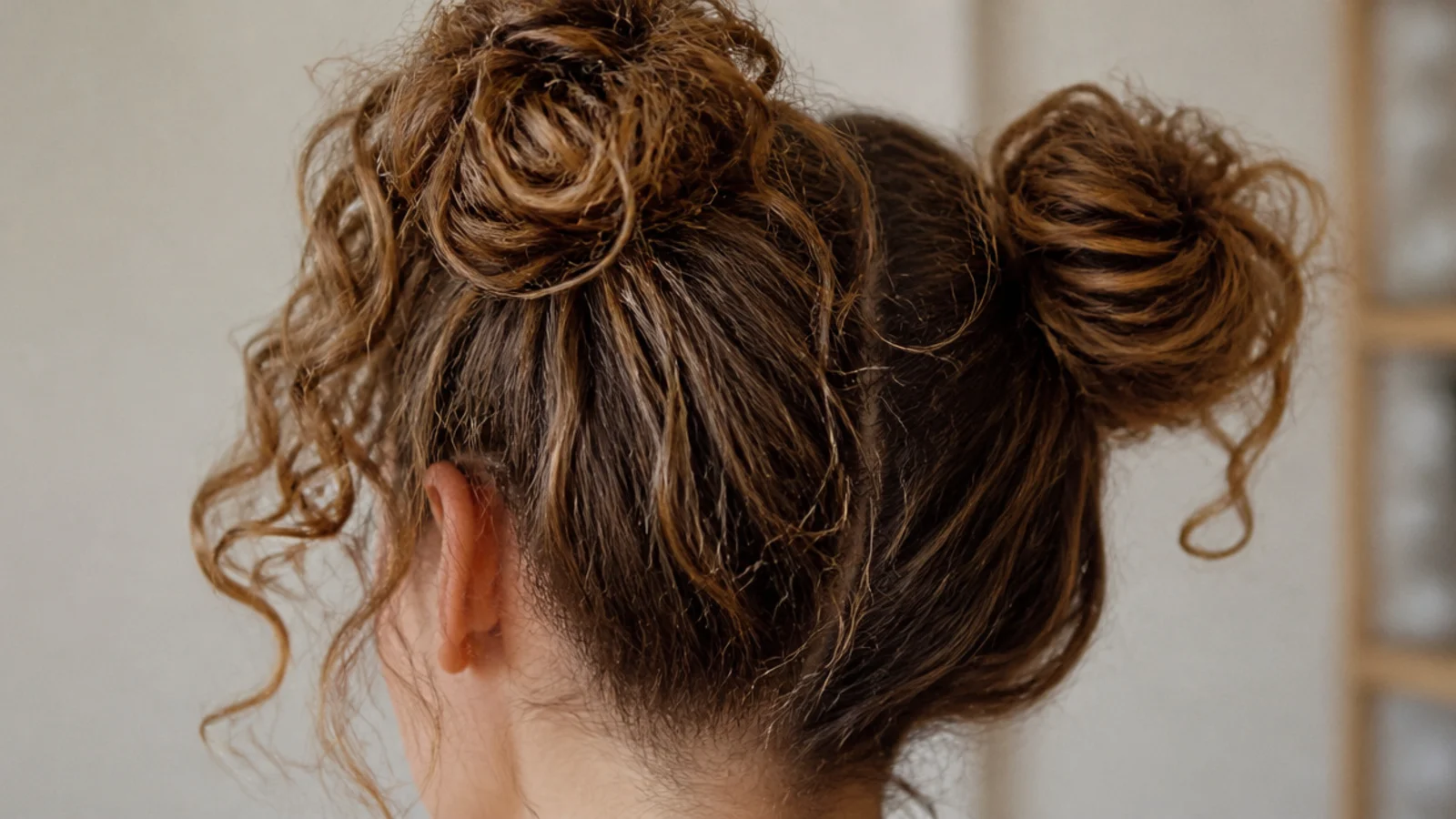 Two curly buns set high on either side of a centre parting