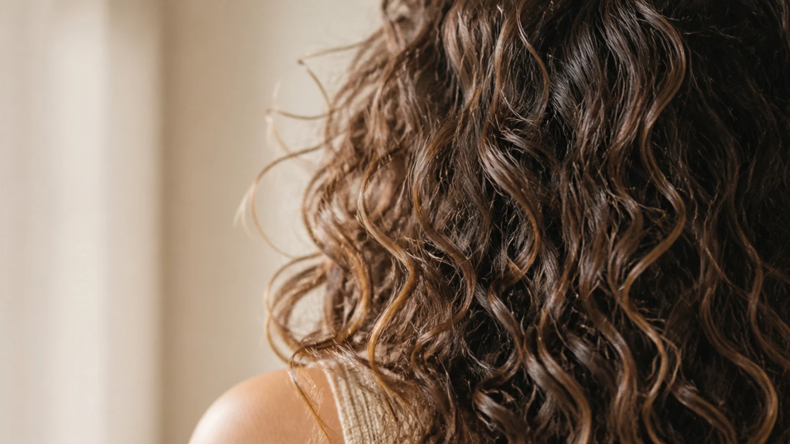 Air dried curls resting on the shoulders with soft definition