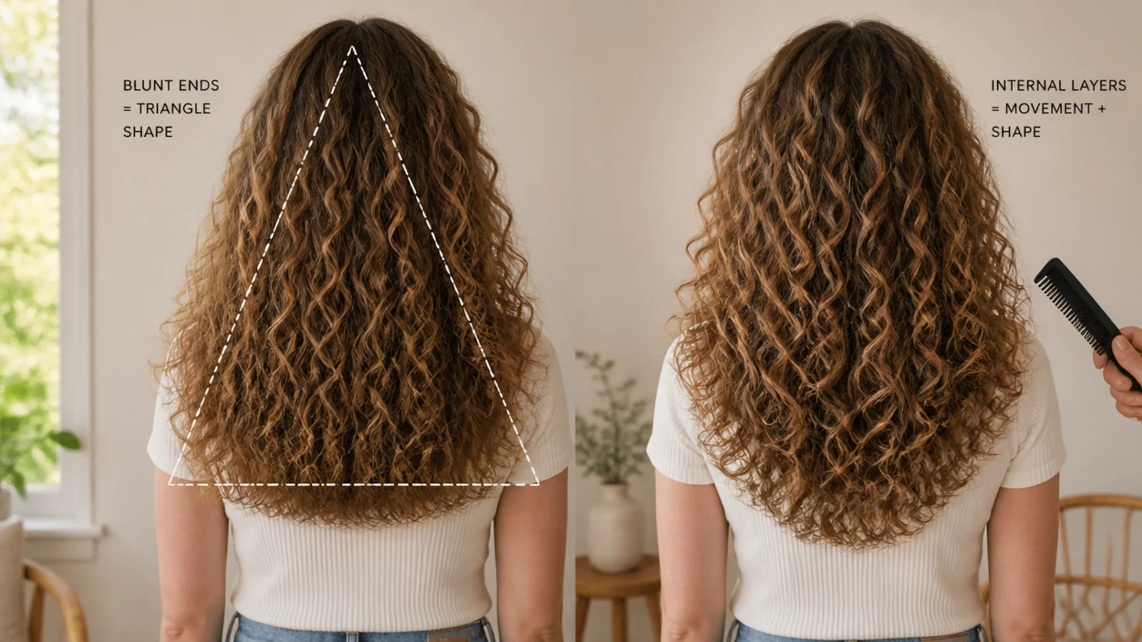 A stylist checking curl length section by section on dry hair