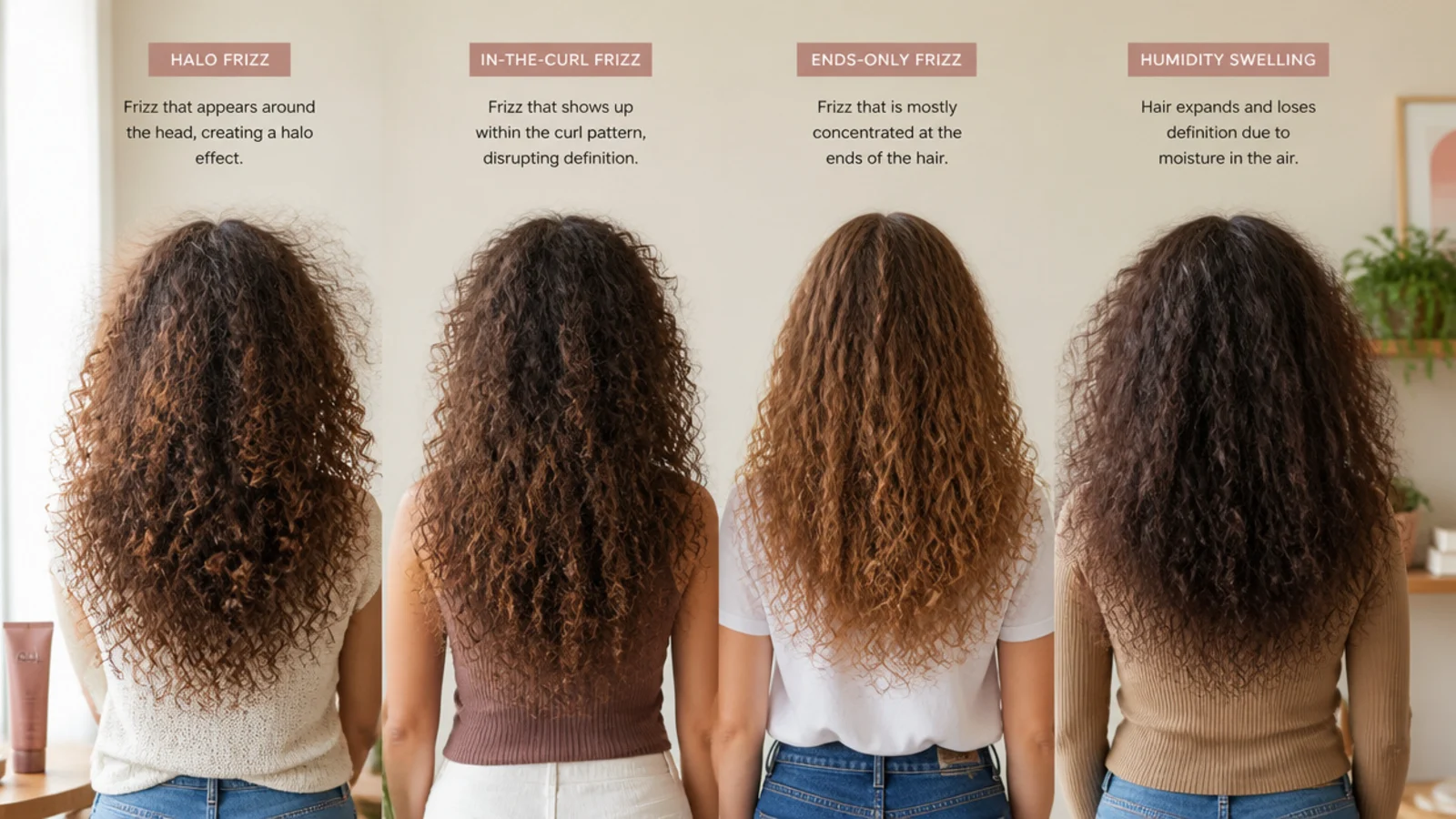 Four curl patterns photographed side by side from loose waves to tight coils