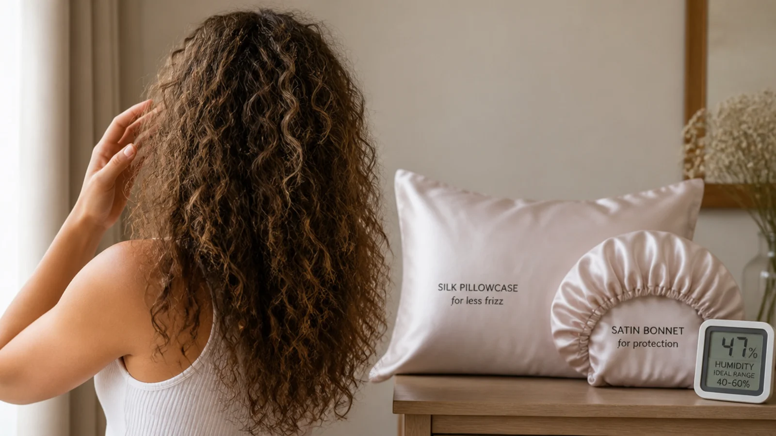 Curls gathered loosely on top of the head above a satin pillowcase