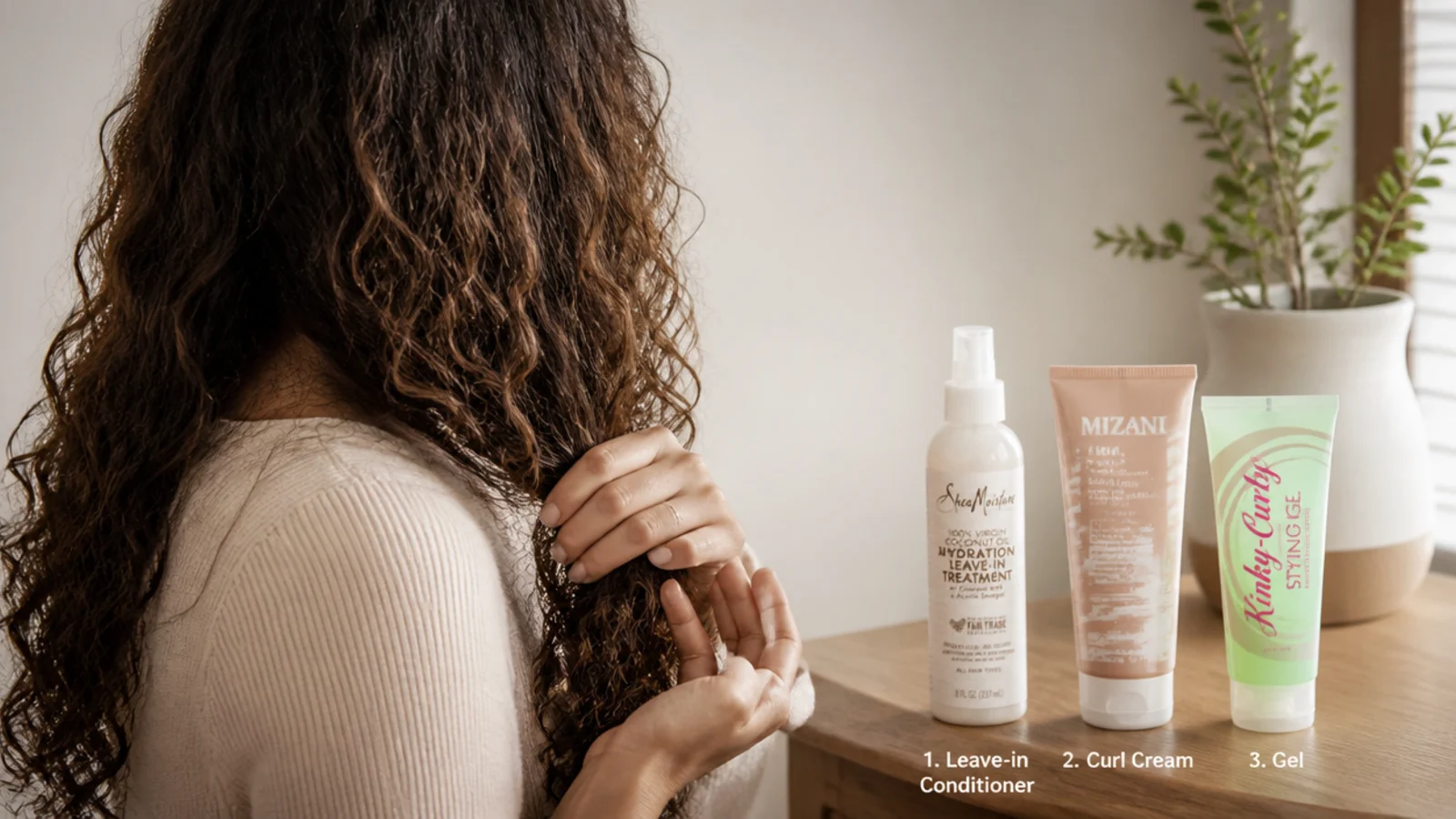 Curl cream being smoothed down a section between two flat palms