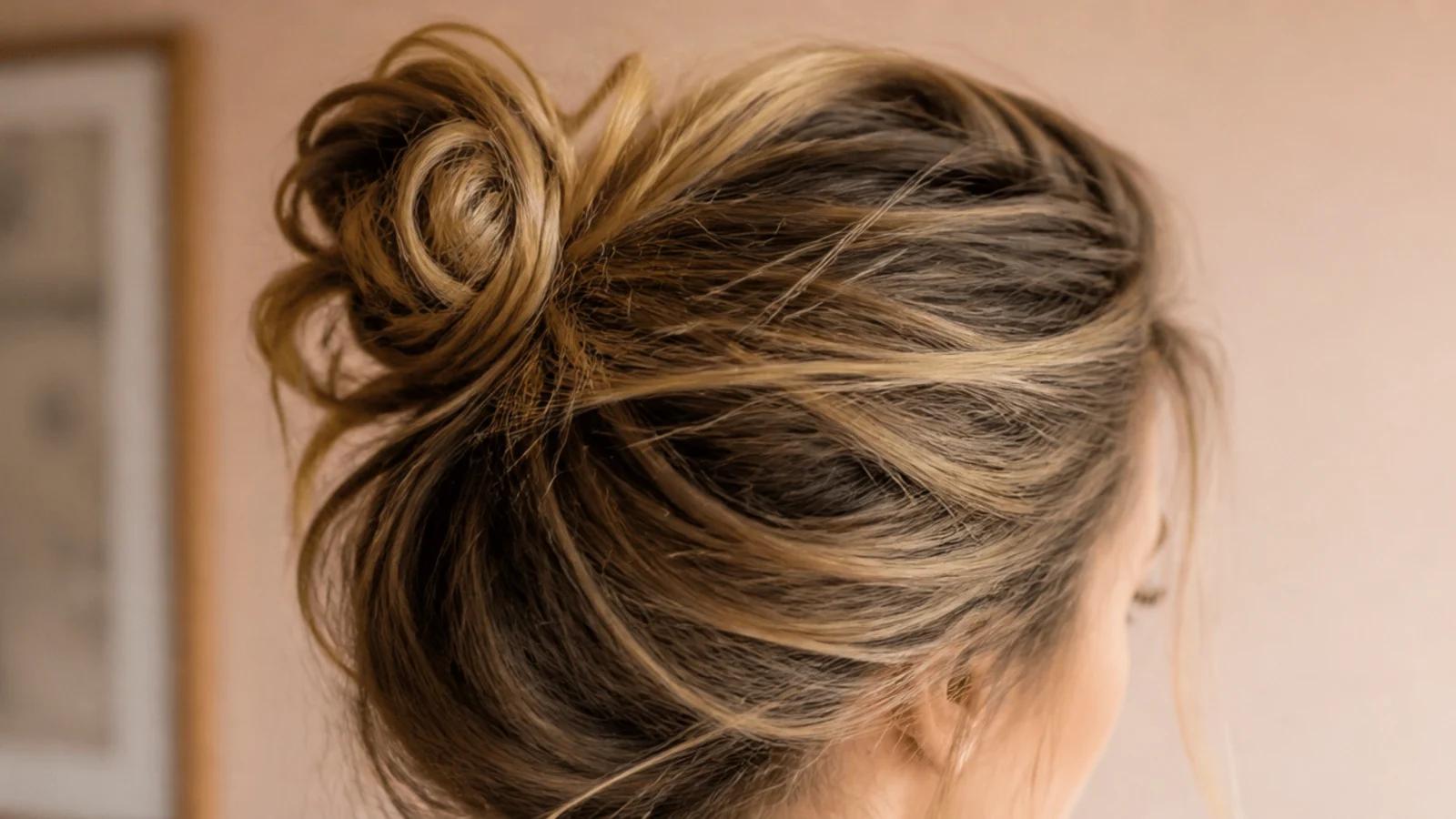 A high knot with loose ends escaping around the crown
