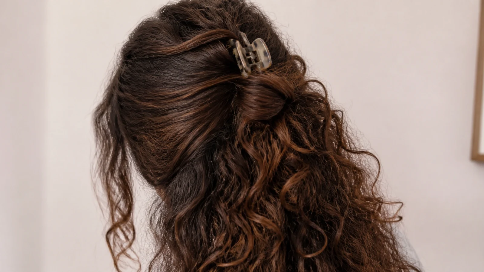 Hair twisted up and held with a large claw clip