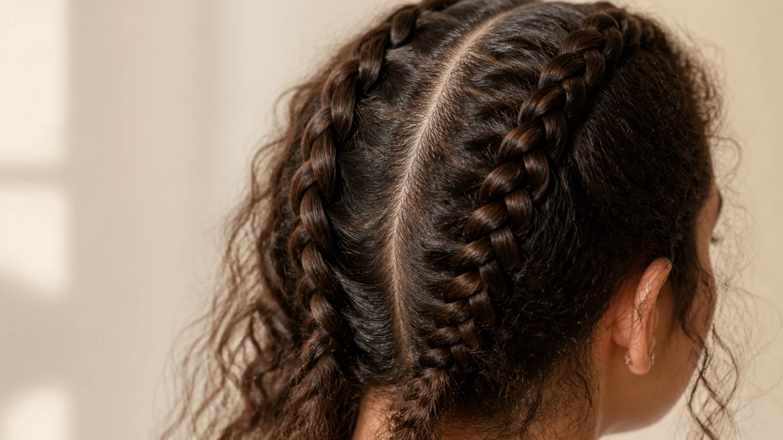 Two dutch braids running from the hairline to the nape