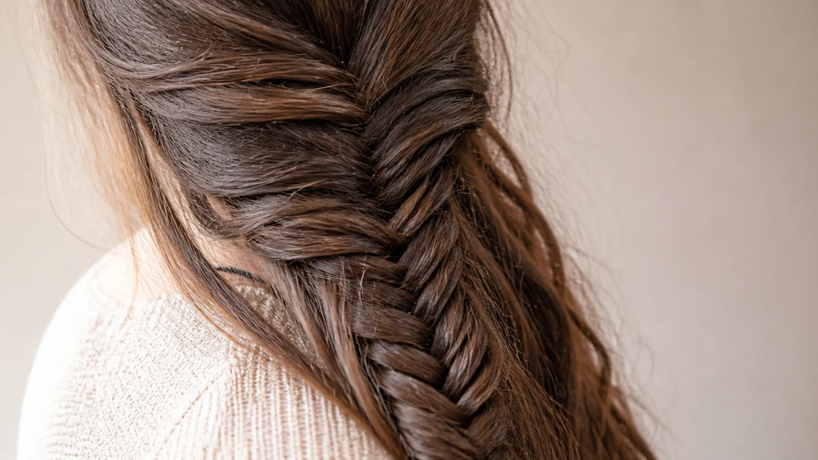 A fishtail braid worn over one shoulder