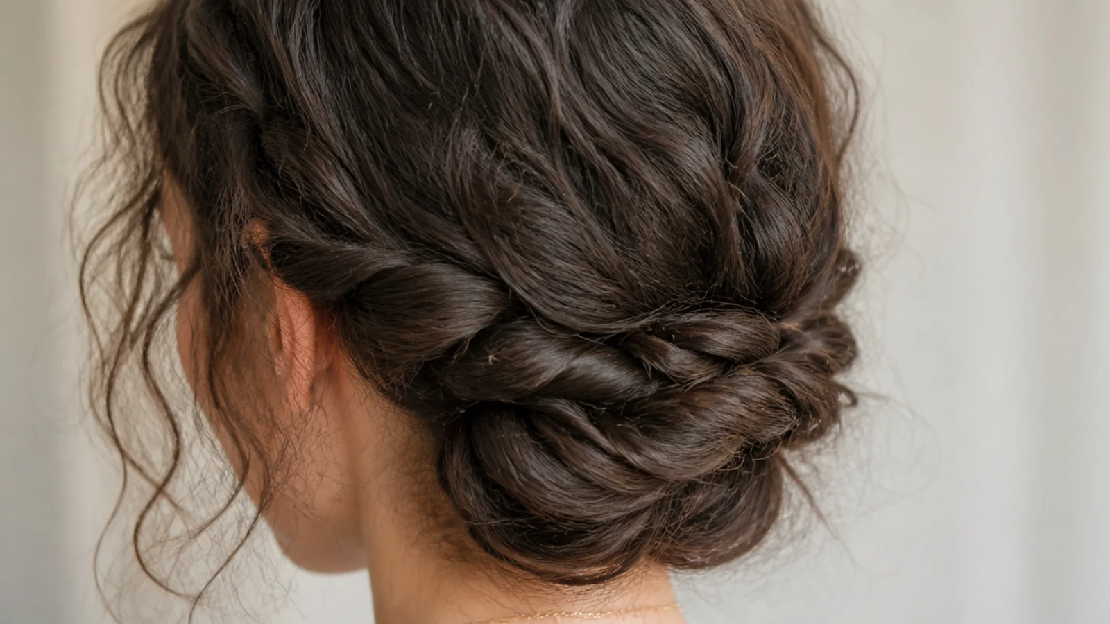 Hair twisted and coiled into a low chignon
