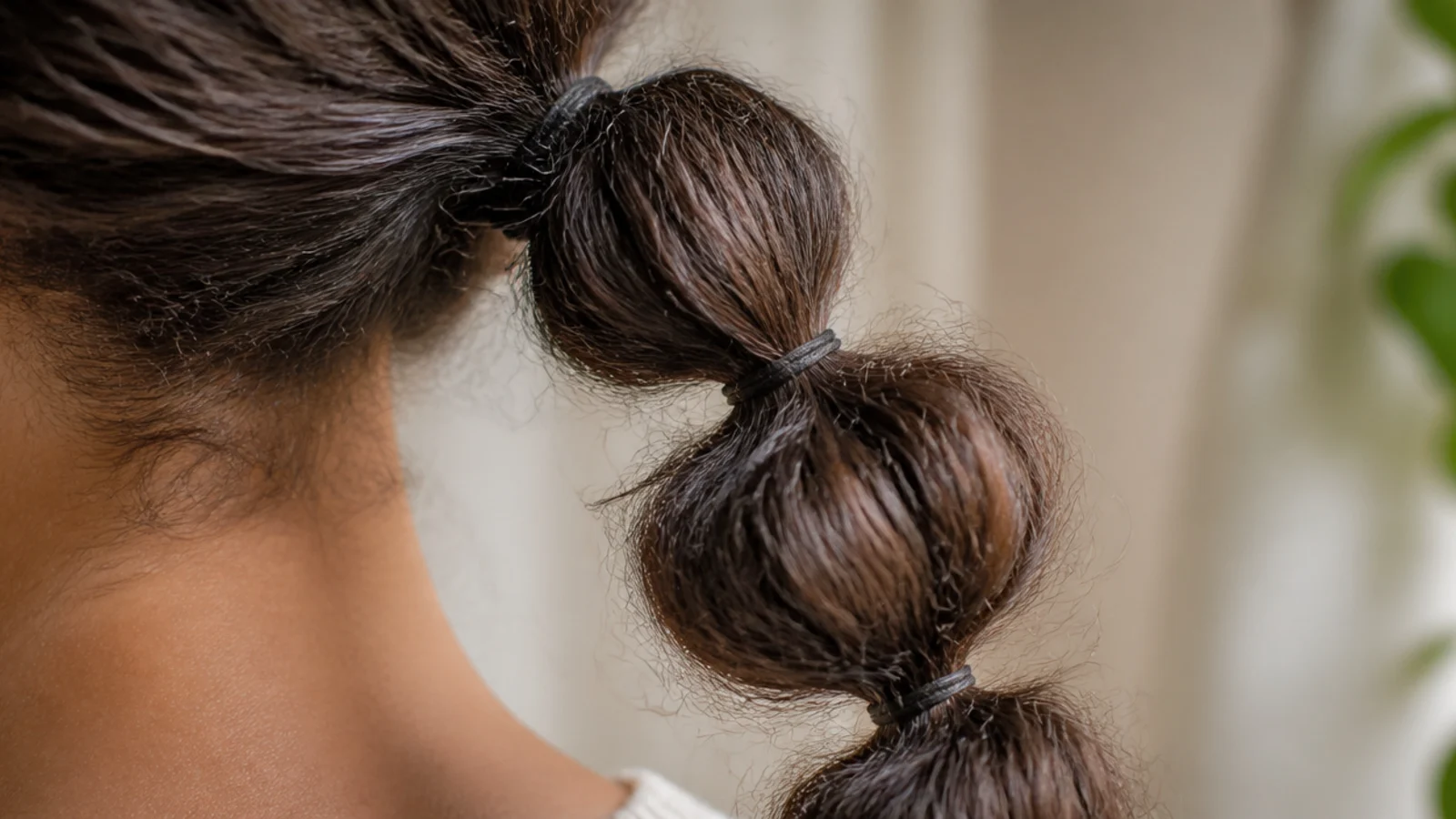 A ponytail divided into rounded sections by evenly spaced ties
