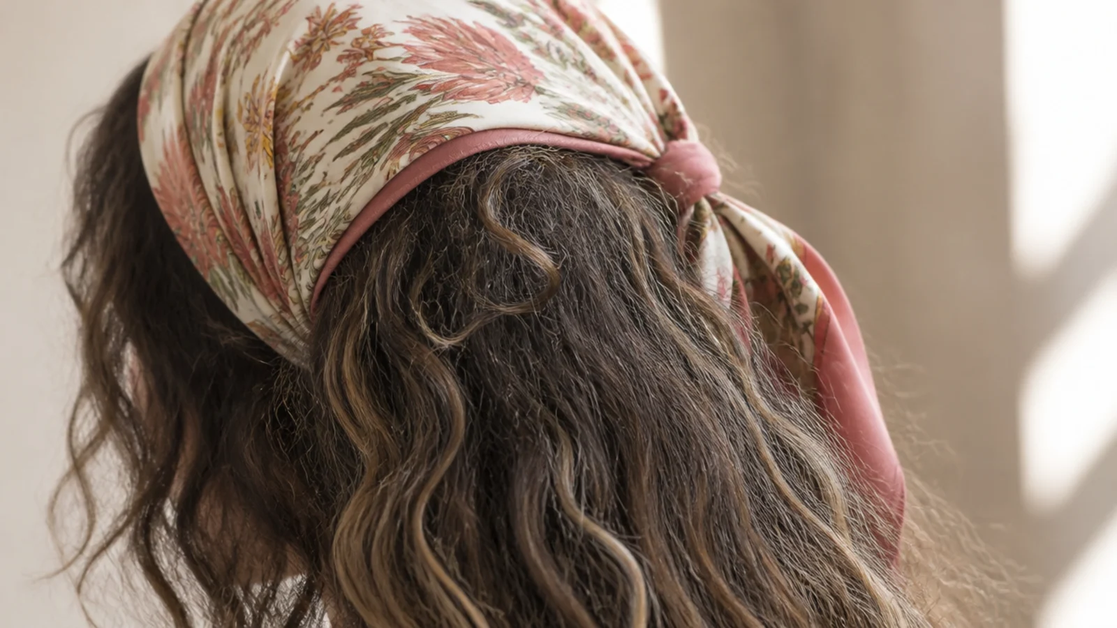 A silk scarf tied as a headband over textured hair