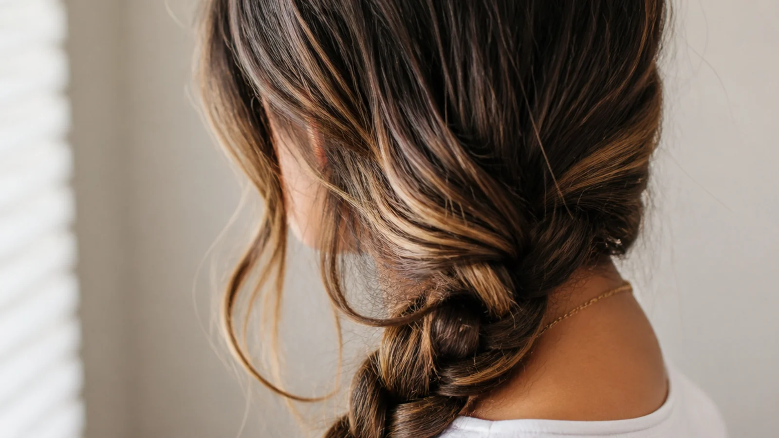 A loose braid gathered low and draped over one shoulder