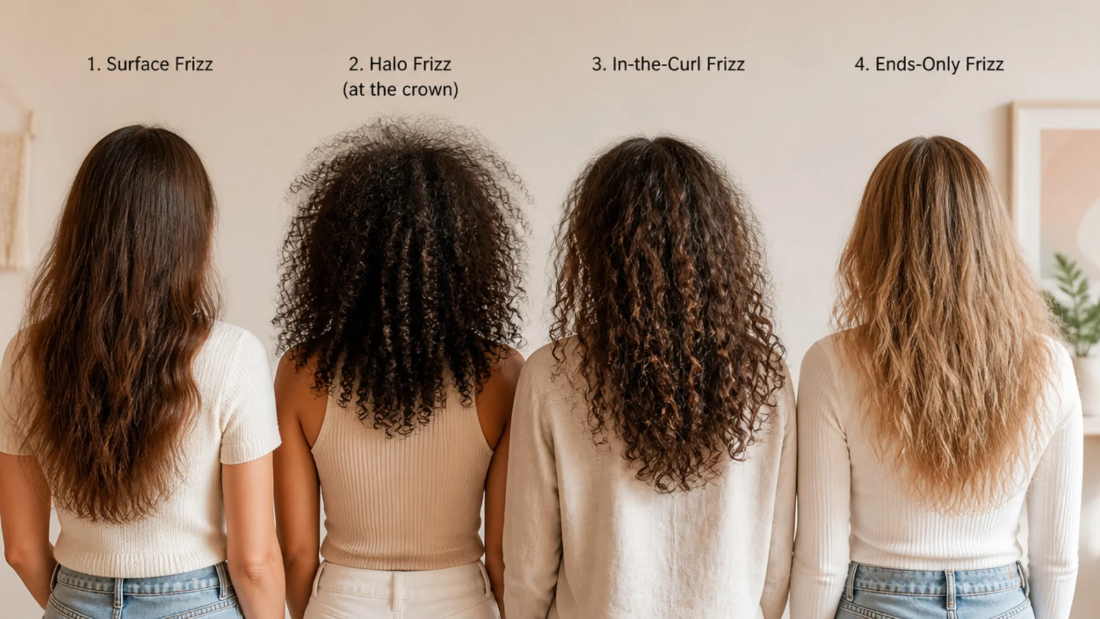Close ups of frizz at the crown, along the length and at the ends