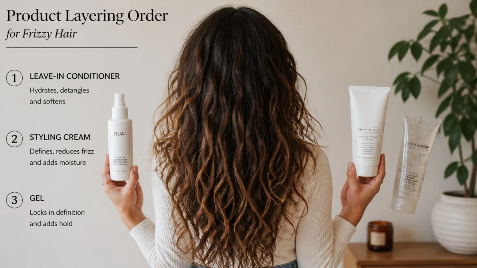 Leave in, cream and gel lined up in application order