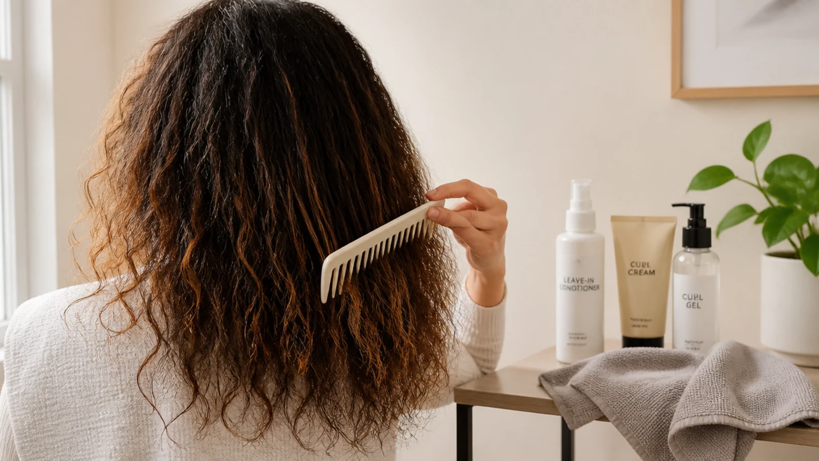 Conditioner being applied from mid lengths to ends in the shower
