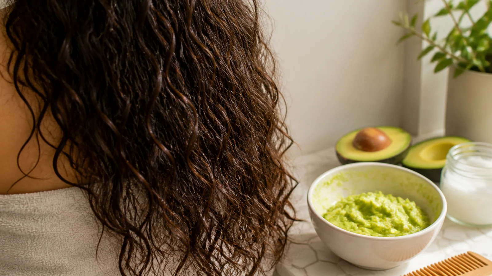 A bowl of blended avocado mask beside a sectioned head of hair